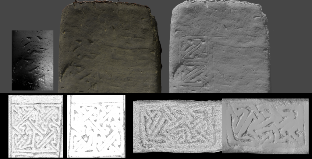 Reconstruction of the worn patterns on Govan 31 by comparing to digitally worn mitre patterns from the 3D models of Govan 7 and Govan 10.