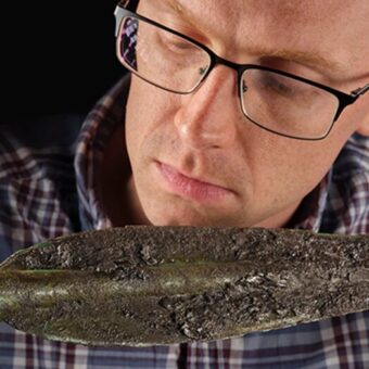 Person looking at ancient spearhead