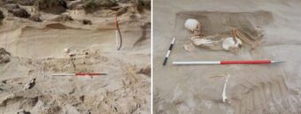 Collage of two images: left, a human skeleton partially eroded out of a sand dune; and right, the same skeleton excavated further.