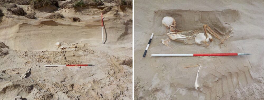 Collage of two images: left, a human skeleton partially eroded out of a sand dune; and right, the same skeleton excavated further.