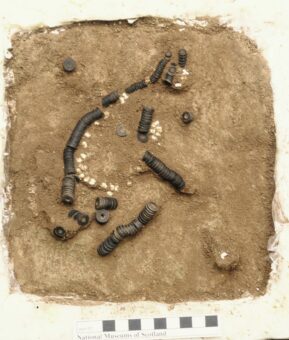 Photo of the remains of a prehistoric necklace in a block