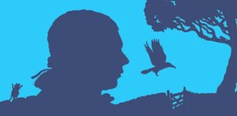 Light and dark blue outline of a man, mouse, bird and tree