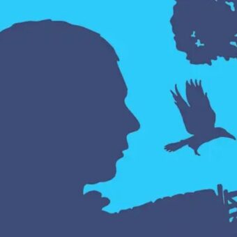 Light and dark blue outline of a man, mouse, bird and tree