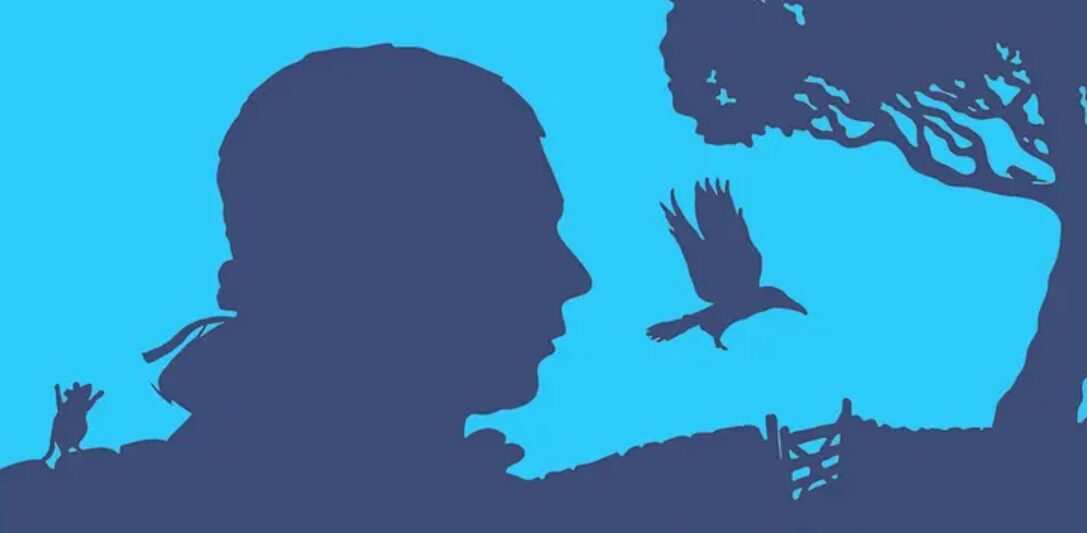 Light and dark blue outline of a man, mouse, bird and tree