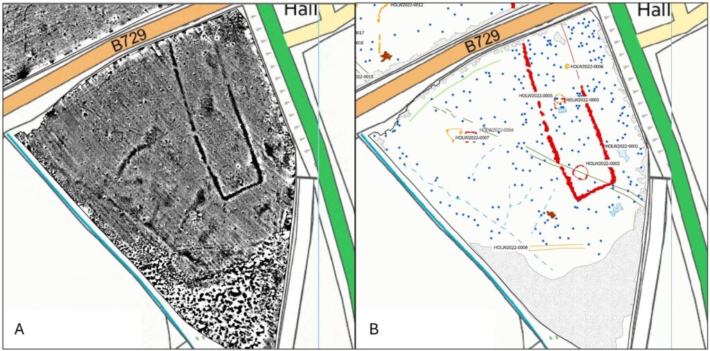 Two digital renderings of geophysical data, showing a rectangular cursus monuments in a field