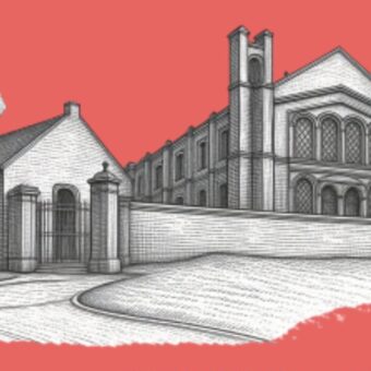 Illustration of a church and an old building