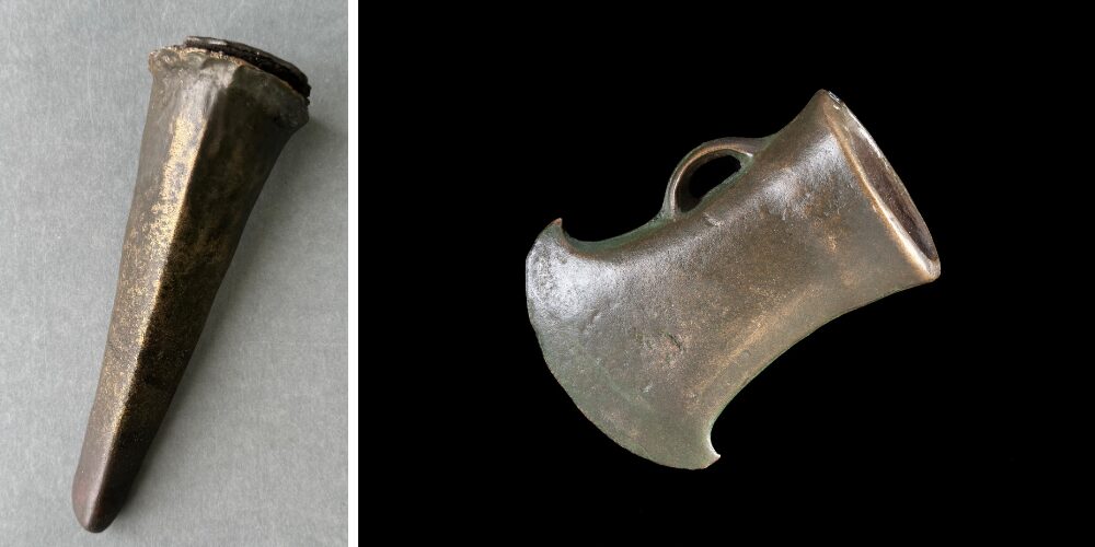 Collage of two images: left, the metal leg of a medieval cauldron, and right, a metal socketed axe head