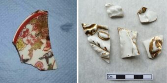 Two photos of china pottery sherds: left, a pieces of red decorated pottery, and right, fragments of white and gold painted china