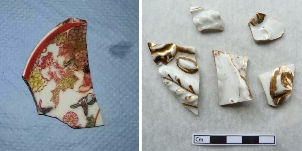 Two photos of china pottery sherds: left, a pieces of red decorated pottery, and right, fragments of white and gold painted china