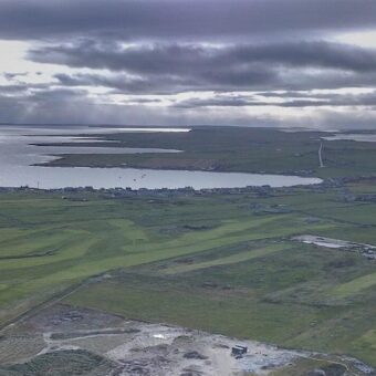 Aerial view of a rural, coastal landscape