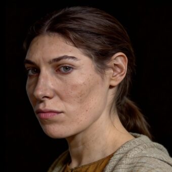 Photo of a digitally reconstructed face of a white woman with brown hair tied back