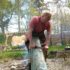 Photo of a man in a red t shirt scraping an animal hide over a beam in a forest